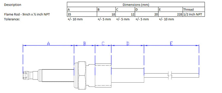 Flame Rod - 228mm x 1/2 NPT