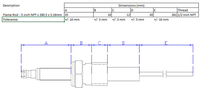 Flame Rod - 281mm x 1/2 NPT