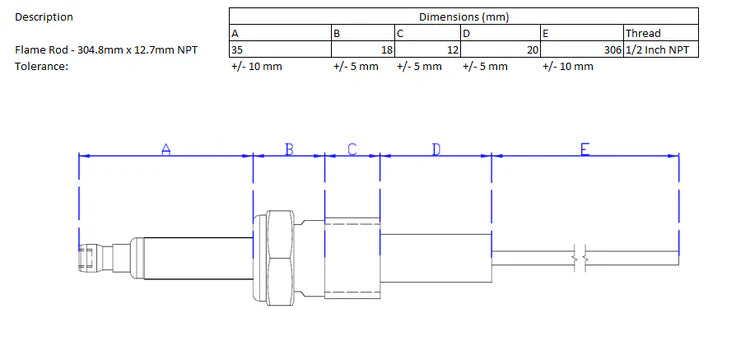 Flame Rod - 305mm x 1/2 NPT