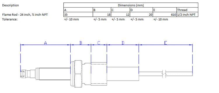 Flame Rod - 610mm x 1/2 NPT